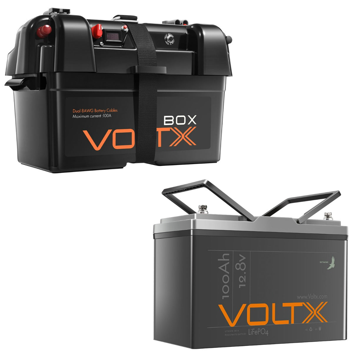 VoltX 12V 100Ah LiFePO4 Battery + 12V Battery Box With 2x USB Bundle